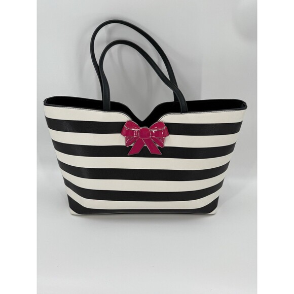 Betsey Johnson KITSCH Black White Striped Pink Bow Large Tote Shoulder Bag EUC - Picture 10 of 16
